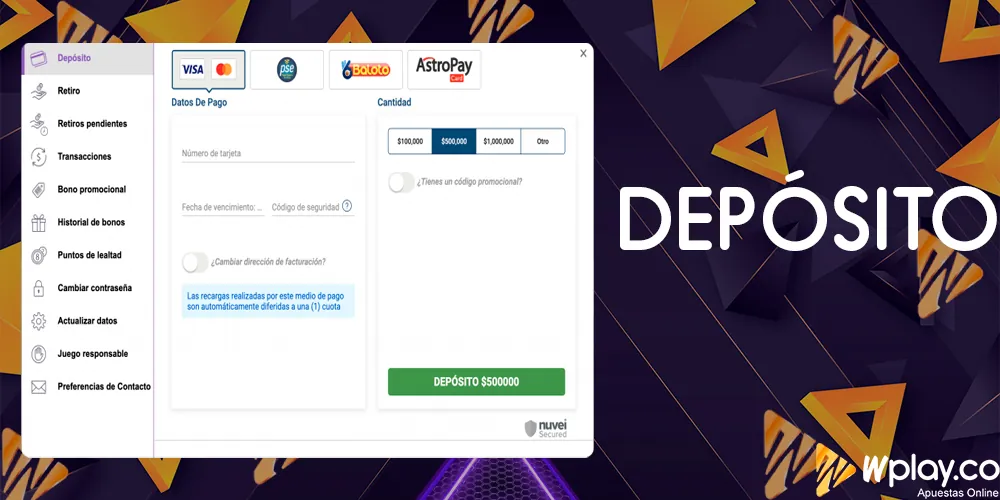 Depósito y retiro de fondos en el sitio web de W´Play Colombia
